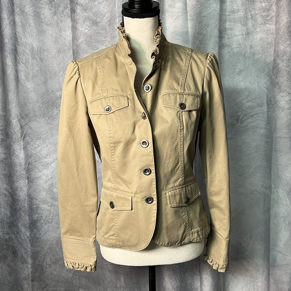 Eddie Bauer Khaki Ruffle Collar Safari Jacket with Ruffle Cuffs - MP - Picture 8 of 16